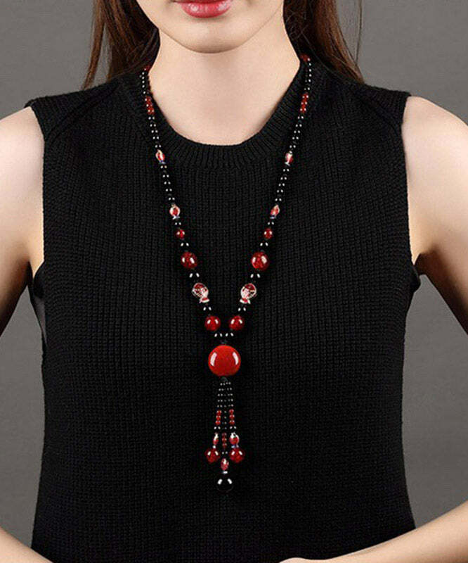 Y2K Grunge Red Agate Cloisonne Pendant Necklace - Retro 90s Fashion, Gothic Y2K, Summer Outfits