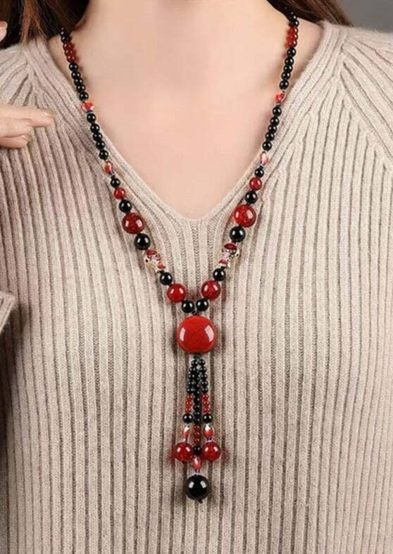 Y2K Grunge Red Agate Cloisonne Pendant Necklace - Retro 90s Fashion, Gothic Y2K, Summer Outfits