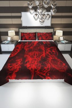 Y2K Grunge Red Flaming Skull Duvet Cover Set - Retro 90s Goth Summer Bedroom Decor