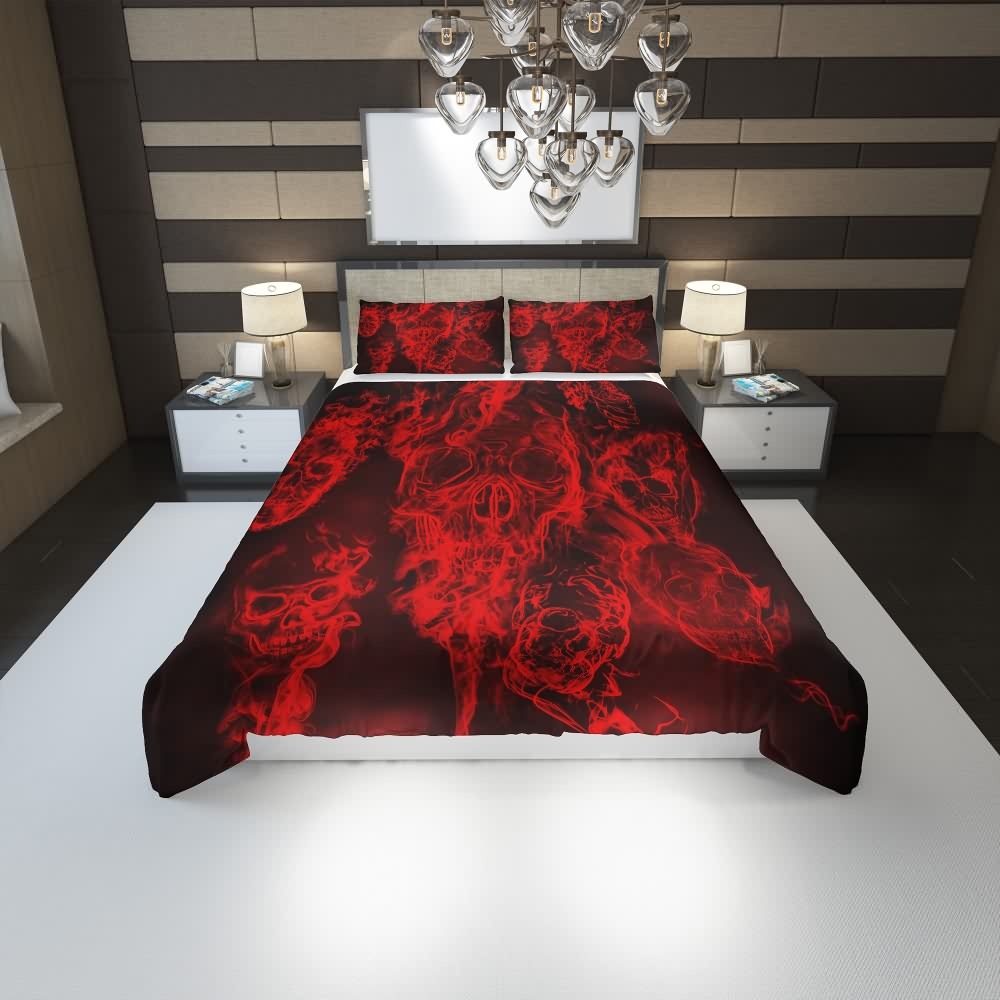 Y2K Grunge Red Flaming Skull Duvet Cover Set - Retro 90s Goth Summer Bedroom Decor