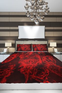 Y2K Grunge Red Flaming Skull Duvet Cover Set - Retro 90s Goth Summer Bedroom Decor