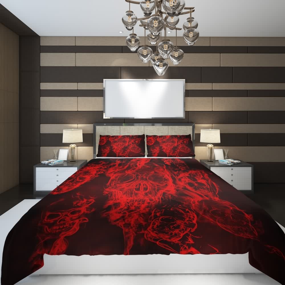 Y2K Grunge Red Flaming Skull Duvet Cover Set - Retro 90s Goth Summer Bedroom Decor