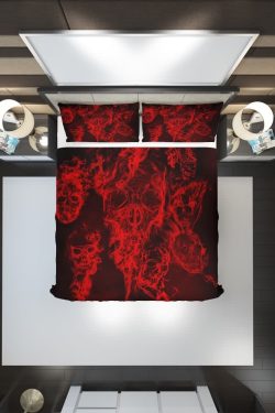 Y2K Grunge Red Flaming Skull Duvet Cover Set - Retro 90s Goth Summer Bedroom Decor