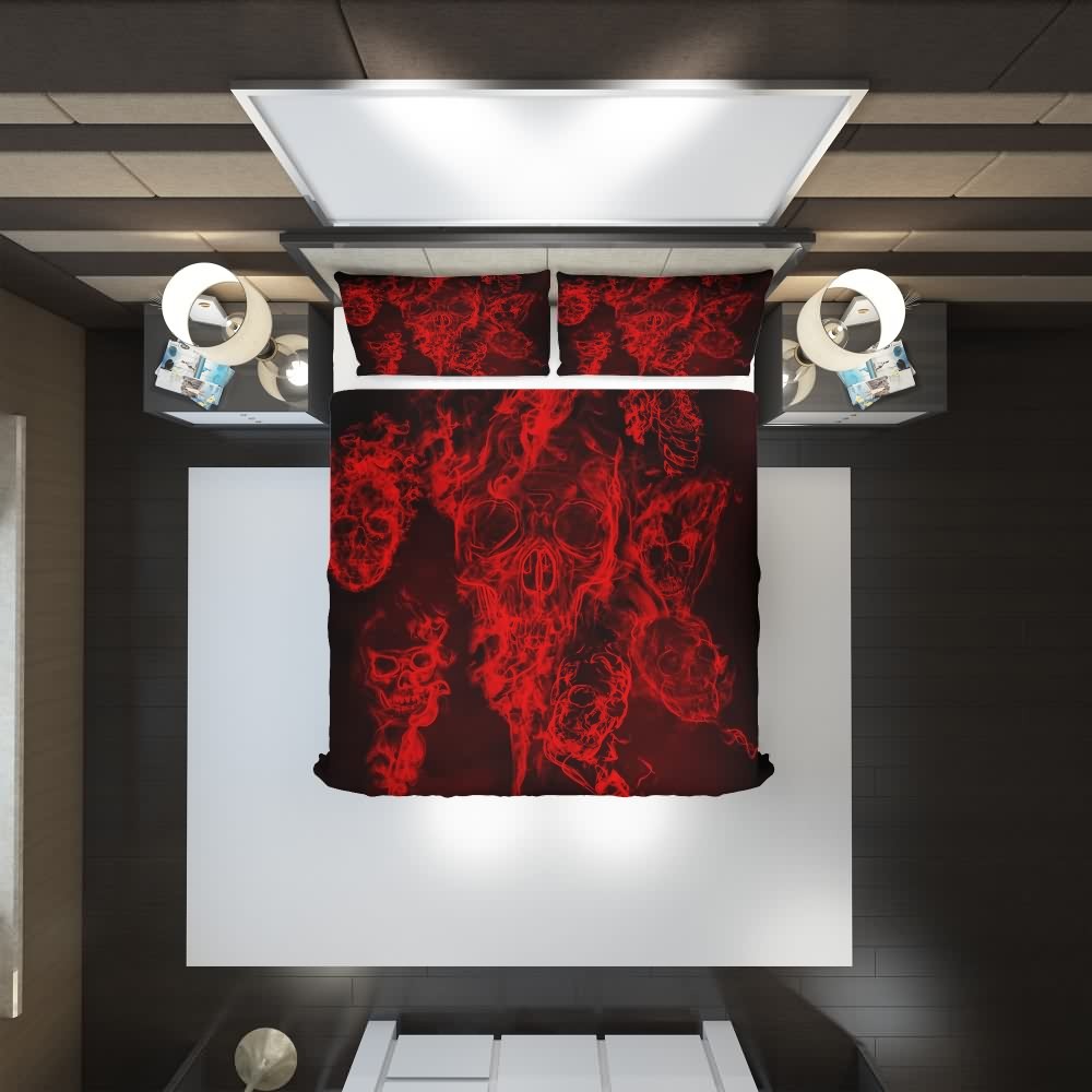 Y2K Grunge Red Flaming Skull Duvet Cover Set - Retro 90s Goth Summer Bedroom Decor