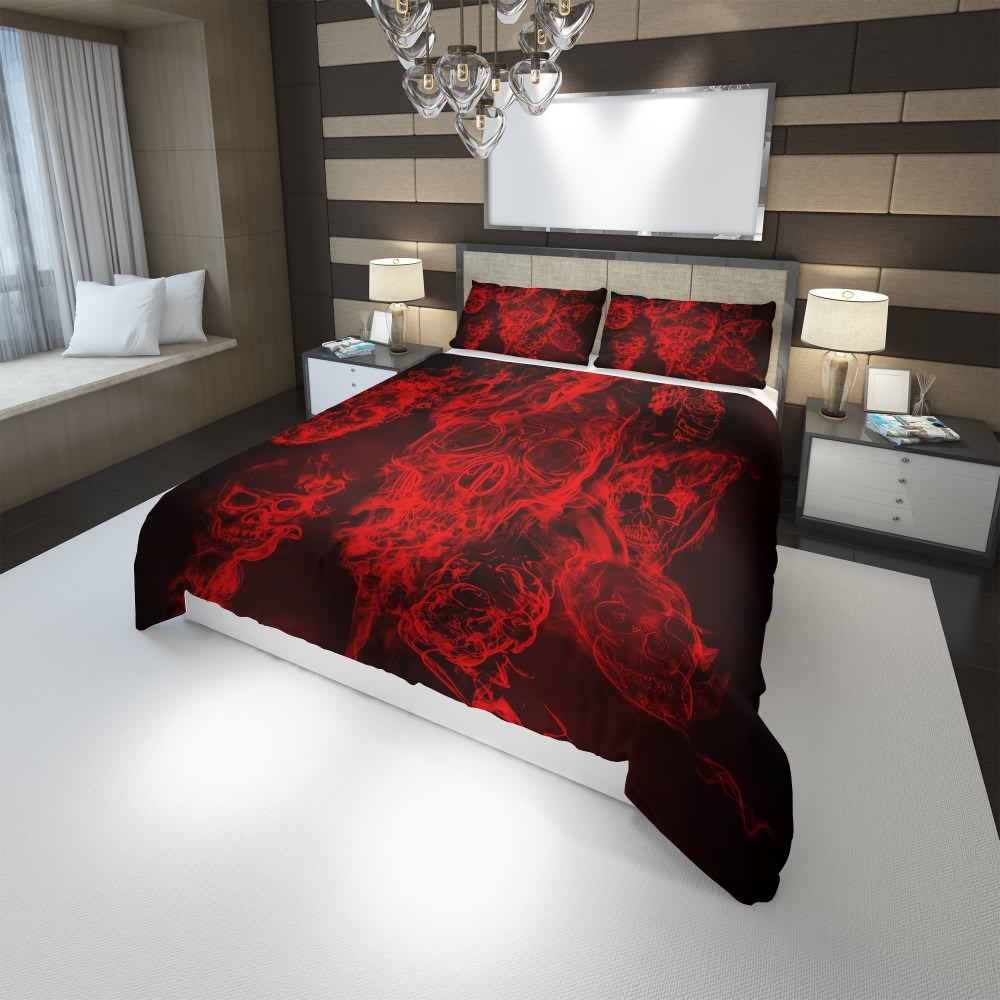 Y2K Grunge Red Flaming Skull Duvet Cover Set - Retro 90s Goth Summer Bedroom Decor