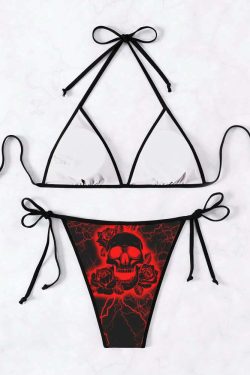 Y2K Grunge Red Lightning Skull Rose Halter String Bikini Set - Retro 90s Summer Outfit