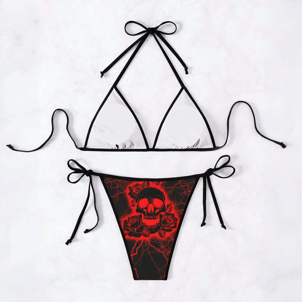 Y2K Grunge Red Lightning Skull Rose Halter String Bikini Set - Retro 90s Summer Outfit