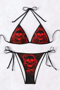 Y2K Grunge Red Lightning Skull Rose Halter String Bikini Set - Retro 90s Summer Outfit