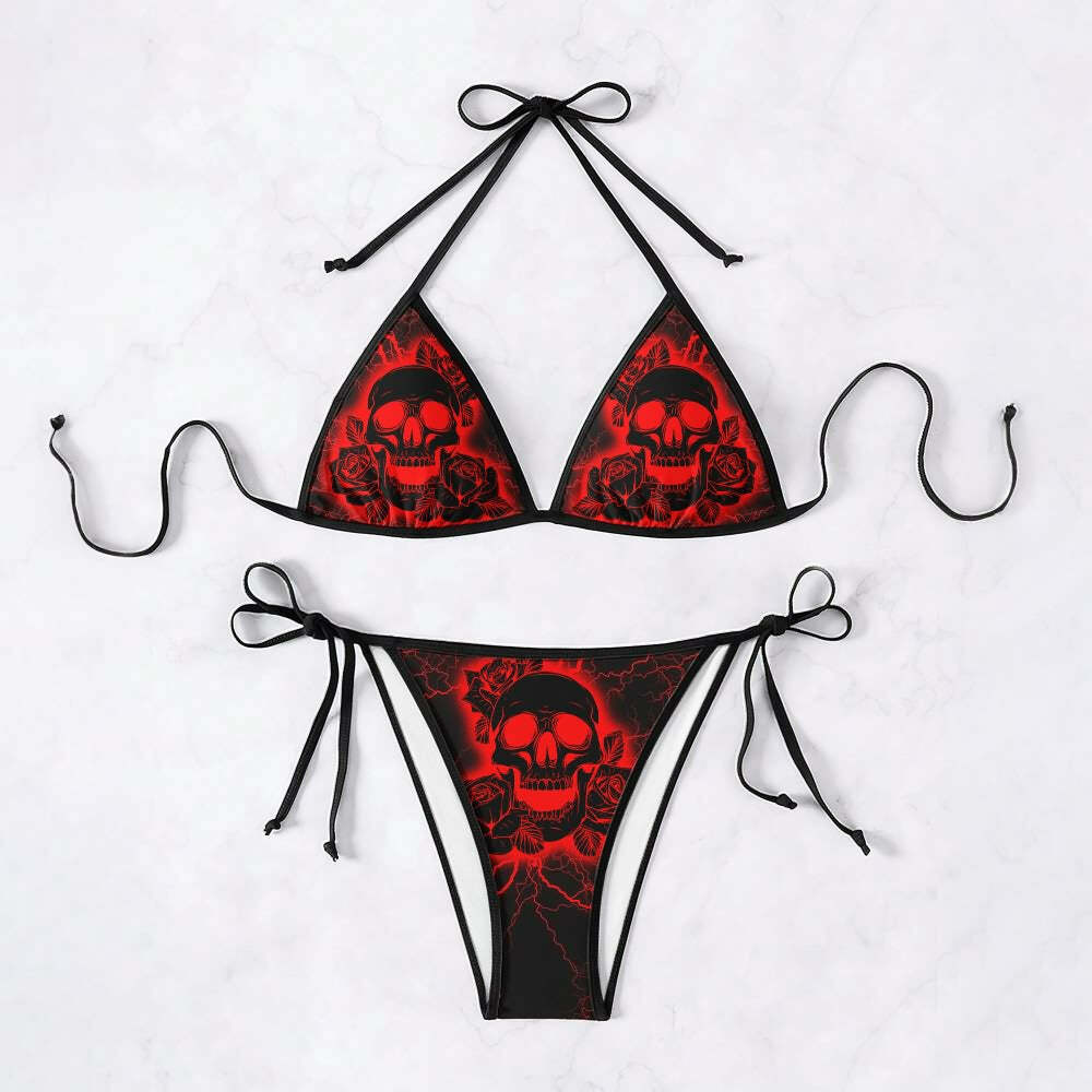 Y2K Grunge Red Lightning Skull Rose Halter String Bikini Set - Retro 90s Summer Outfit