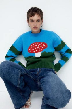 Y2K Grunge Red Mushroom Sweater - Retro 90s Fashion, Y2K Summer Outfits, Pastel Goth Style