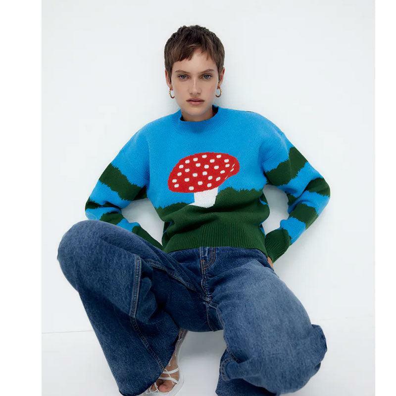 Y2K Grunge Red Mushroom Sweater - Retro 90s Fashion, Y2K Summer Outfits, Pastel Goth Style