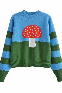 Y2K Grunge Red Mushroom Sweater - Retro 90s Fashion, Y2K Summer Outfits, Pastel Goth Style
