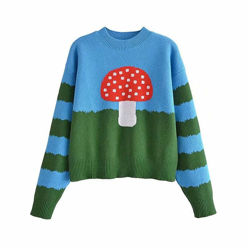 Y2K Grunge Red Mushroom Sweater - Retro 90s Fashion, Y2K Summer Outfits, Pastel Goth Style
