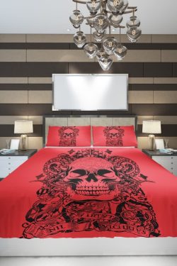 Y2K Grunge Red Skull Artwork Duvet Cover Set - Retro 90s Fashion, Gothic Y2K, Pastel Goth Style