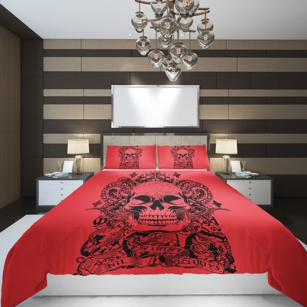 Y2K Grunge Red Skull Artwork Duvet Cover Set - Retro 90s Fashion, Gothic Y2K, Pastel Goth Style
