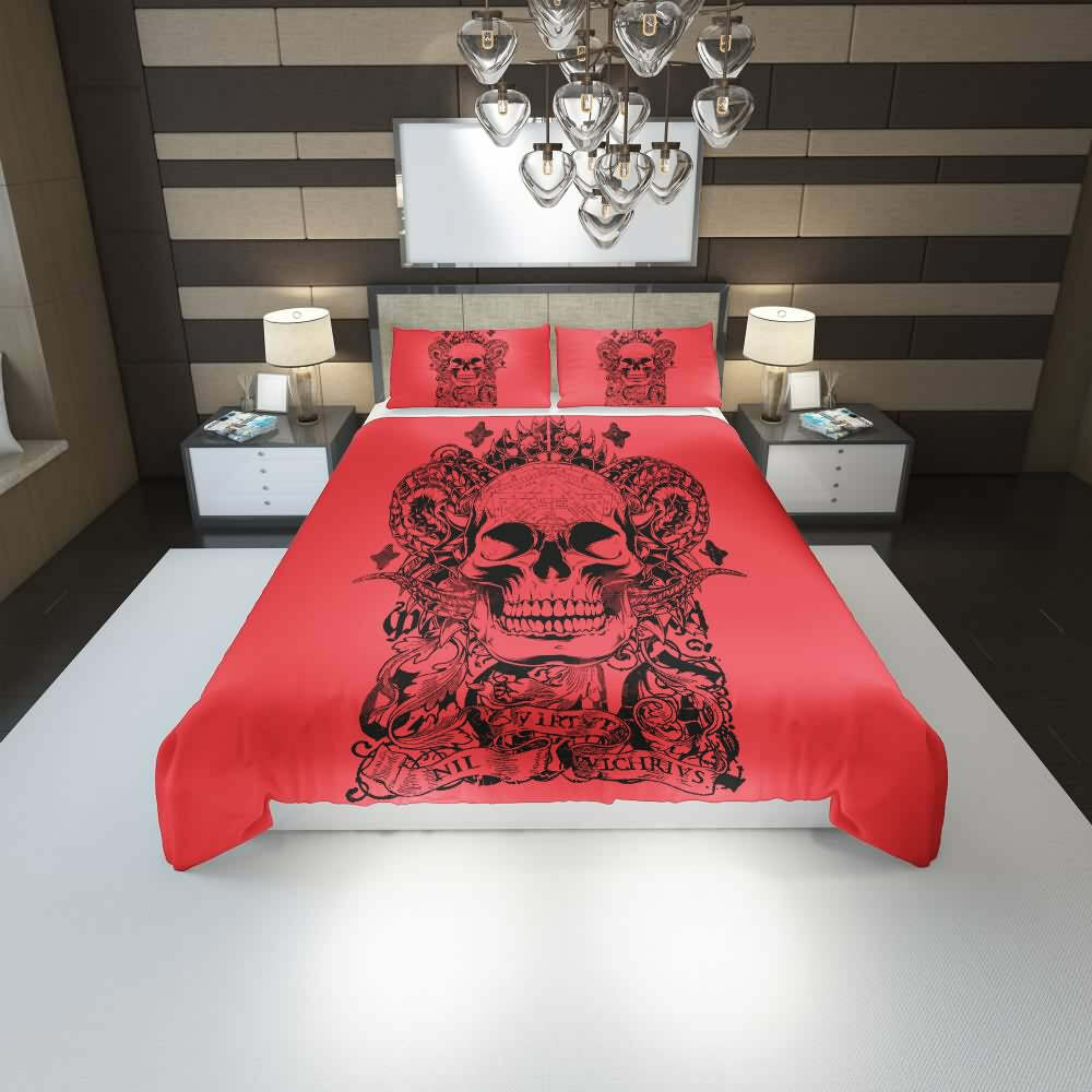 Y2K Grunge Red Skull Artwork Duvet Cover Set - Retro 90s Fashion, Gothic Y2K, Pastel Goth Style