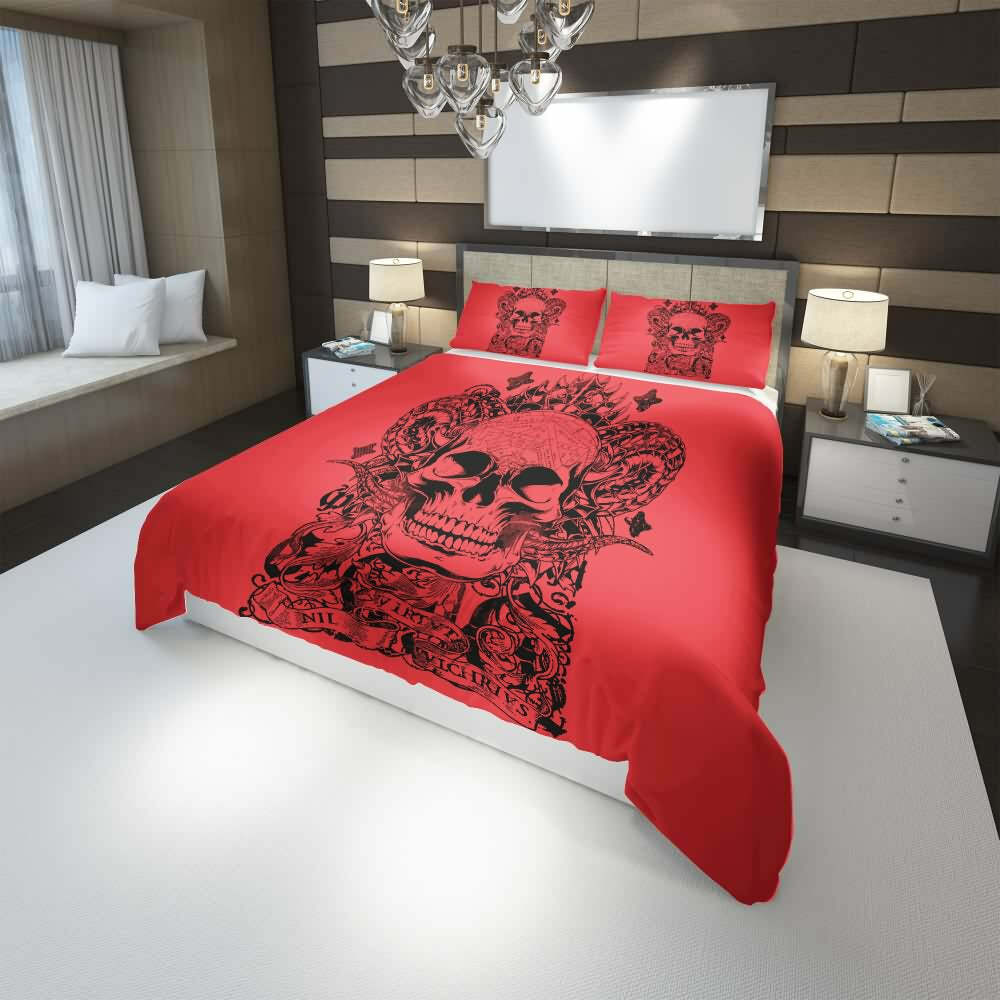 Y2K Grunge Red Skull Artwork Duvet Cover Set - Retro 90s Fashion, Gothic Y2K, Pastel Goth Style