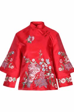 Y2K Grunge Red Stand Collar Embroidered Patchwork Button-Up Long Sleeve Shirt - 90s Retro Style