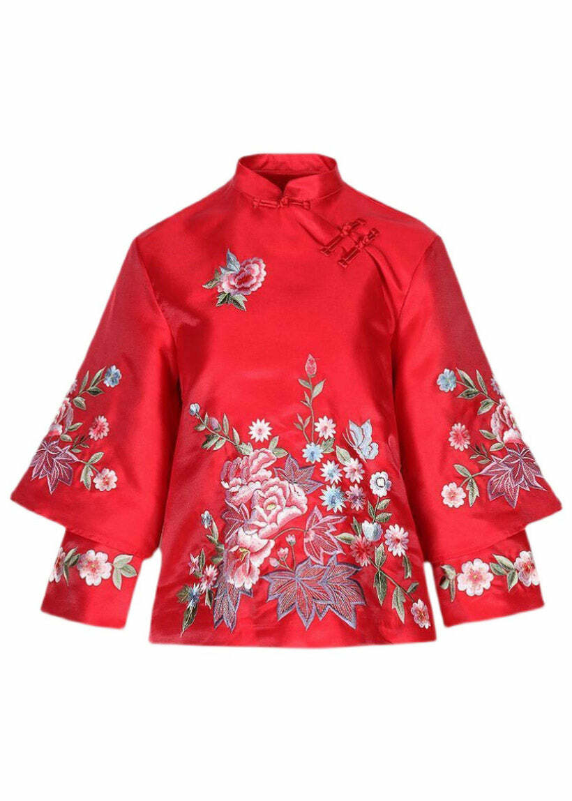 Y2K Grunge Red Stand Collar Embroidered Patchwork Button-Up Long Sleeve Shirt - 90s Retro Style