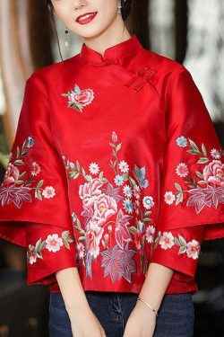Y2K Grunge Red Stand Collar Embroidered Patchwork Button-Up Long Sleeve Shirt - 90s Retro Style