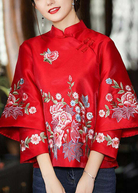 Y2K Grunge Red Stand Collar Embroidered Patchwork Button-Up Long Sleeve Shirt - 90s Retro Style