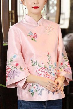 Y2K Grunge Red Stand Collar Embroidered Patchwork Button-Up Long Sleeve Shirt - 90s Retro Style