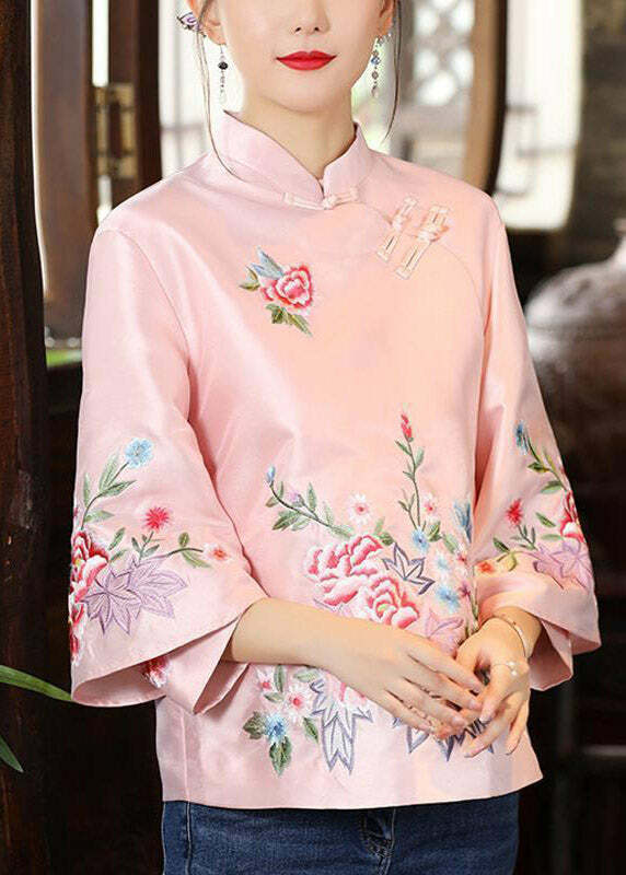Y2K Grunge Red Stand Collar Embroidered Patchwork Button-Up Long Sleeve Shirt - 90s Retro Style
