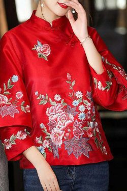 Y2K Grunge Red Stand Collar Embroidered Patchwork Button-Up Long Sleeve Shirt - 90s Retro Style