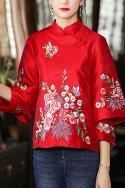 Y2K Grunge Red Stand Collar Embroidered Patchwork Button-Up Long Sleeve Shirt - 90s Retro Style