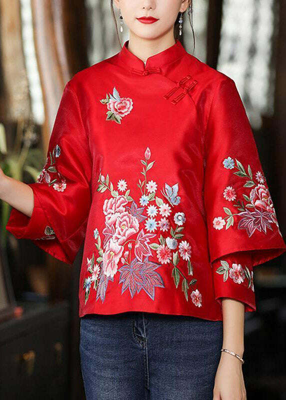 Y2K Grunge Red Stand Collar Embroidered Patchwork Button-Up Long Sleeve Shirt - 90s Retro Style