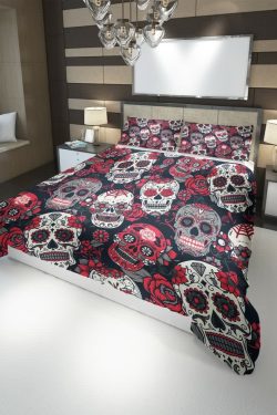 Y2K Grunge Red Sugar Skull Duvet Cover Set - Retro 90s Goth Pastel Goth Summer Bedroom Decor
