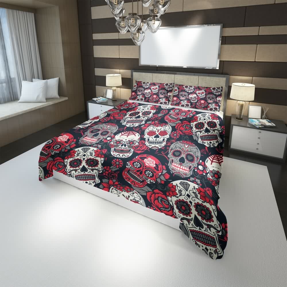 Y2K Grunge Red Sugar Skull Duvet Cover Set - Retro 90s Goth Pastel Goth Summer Bedroom Decor
