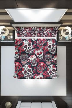 Y2K Grunge Red Sugar Skull Duvet Cover Set - Retro 90s Goth Pastel Goth Summer Bedroom Decor