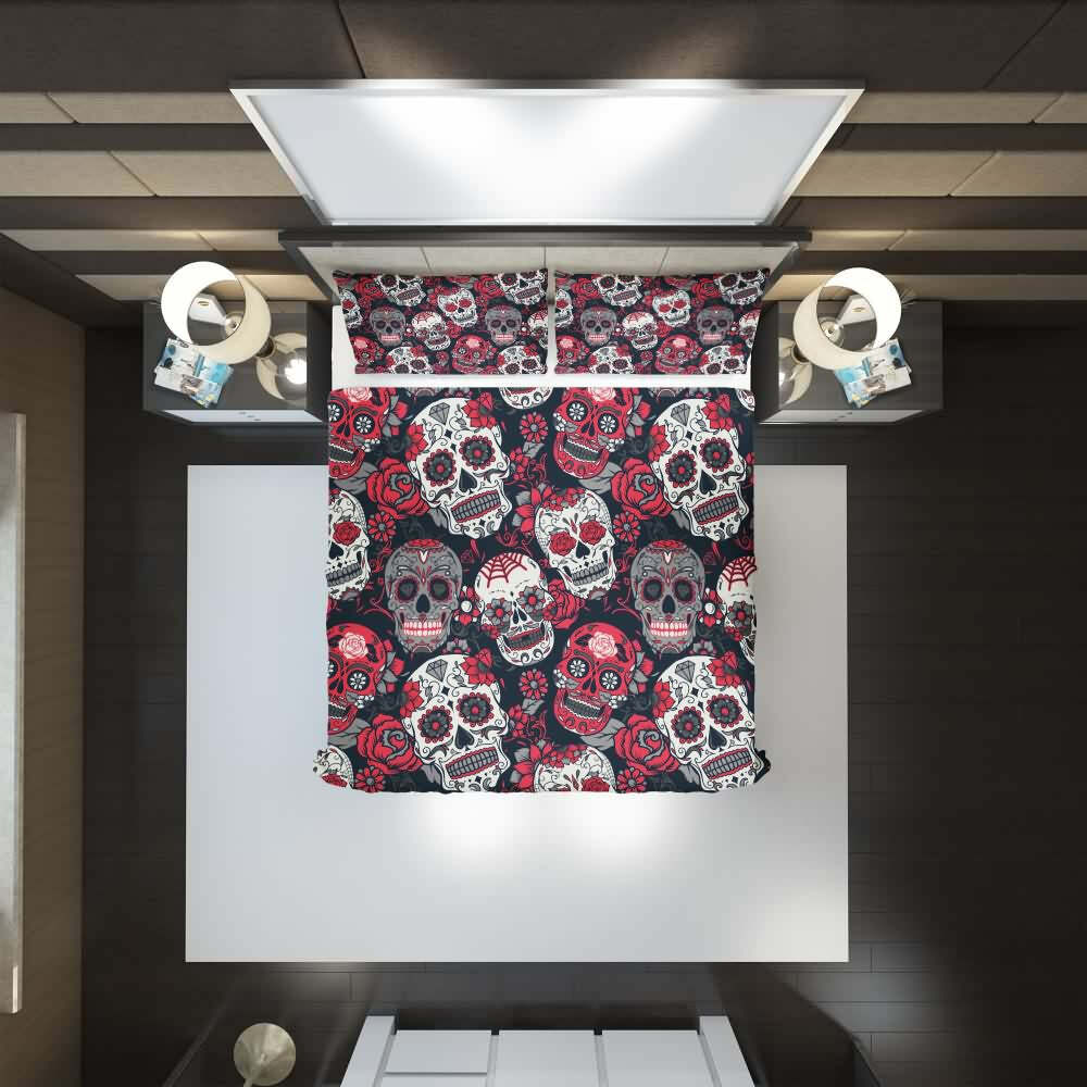 Y2K Grunge Red Sugar Skull Duvet Cover Set - Retro 90s Goth Pastel Goth Summer Bedroom Decor