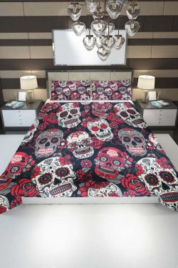 Y2K Grunge Red Sugar Skull Duvet Cover Set - Retro 90s Goth Pastel Goth Summer Bedroom Decor