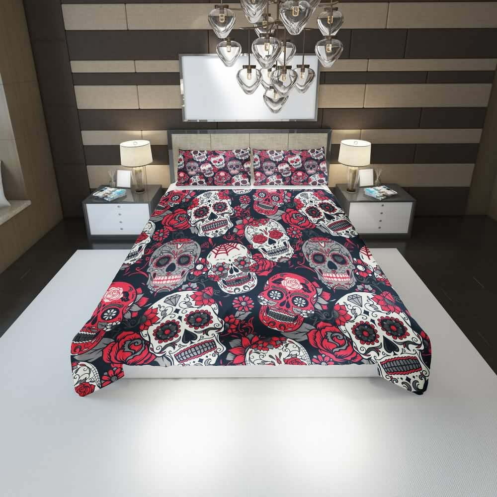 Y2K Grunge Red Sugar Skull Duvet Cover Set - Retro 90s Goth Pastel Goth Summer Bedroom Decor