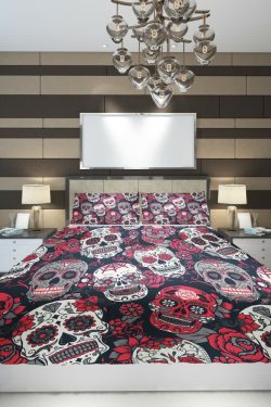 Y2K Grunge Red Sugar Skull Duvet Cover Set - Retro 90s Goth Pastel Goth Summer Bedroom Decor