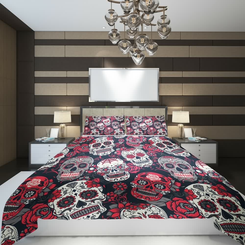 Y2K Grunge Red Sugar Skull Duvet Cover Set - Retro 90s Goth Pastel Goth Summer Bedroom Decor