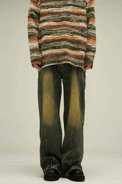Y2K Grunge Retro Paneled Denim Jeans - 90s Fashion, Y2K Summer Outfits, Gothic Y2K Style