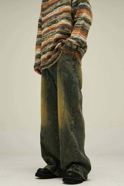 Y2K Grunge Retro Paneled Denim Jeans - 90s Fashion, Y2K Summer Outfits, Gothic Y2K Style