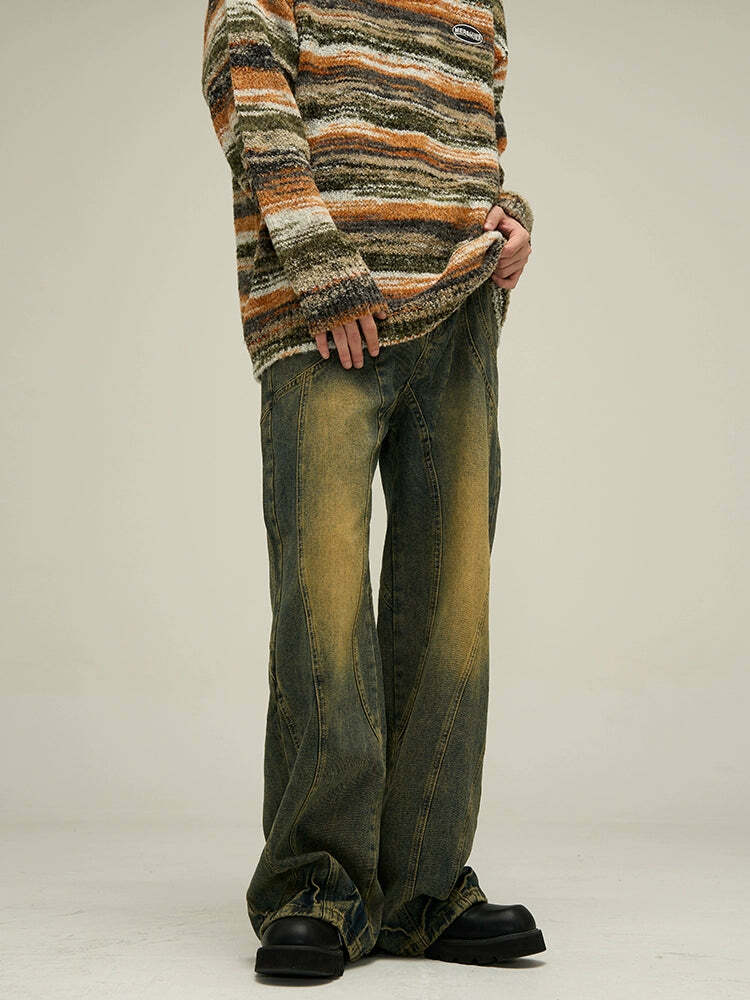 Y2K Grunge Retro Paneled Denim Jeans - 90s Fashion, Y2K Summer Outfits, Gothic Y2K Style