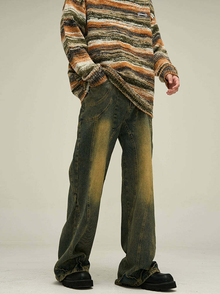 Y2K Grunge Retro Paneled Denim Jeans - 90s Fashion, Y2K Summer Outfits, Gothic Y2K Style