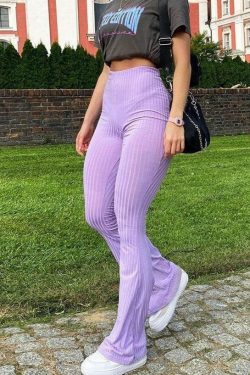 Y2K Grunge Ribbed Wide Leg Pants - 90s Retro Summer Outfit, Y2K Club & Party Fashion