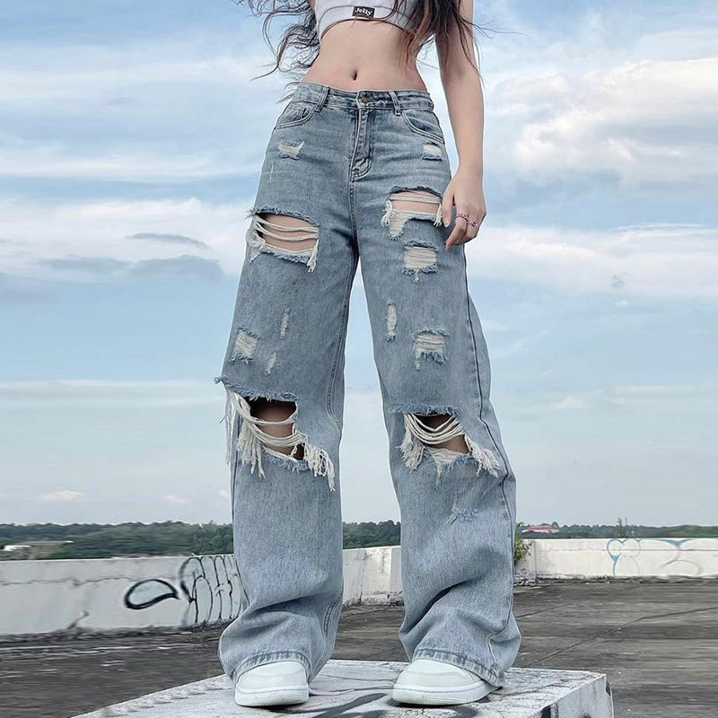 Y2K Grunge Ripped Baggy Jeans - 90s Fashion, Y2K Summer Outfits, Retro Style, Y2K Club