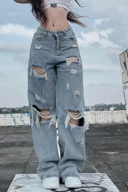 Y2K Grunge Ripped Baggy Jeans - 90s Fashion, Y2K Summer Outfits, Retro Style, Y2K Club