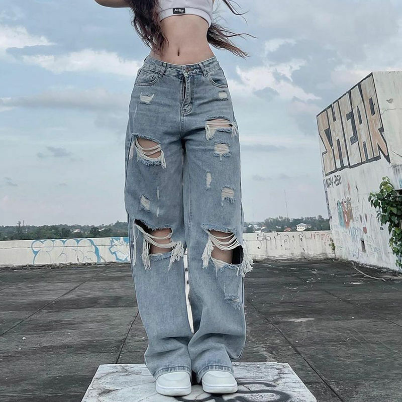 Y2K Grunge Ripped Baggy Jeans - 90s Fashion, Y2K Summer Outfits, Retro Style, Y2K Club