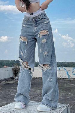 Y2K Grunge Ripped Baggy Jeans - 90s Fashion, Y2K Summer Outfits, Retro Style, Y2K Club