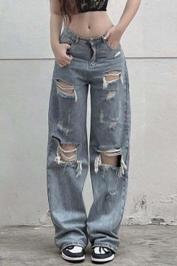 Y2K Grunge Ripped Baggy Jeans - 90s Fashion, Y2K Summer Outfits, Retro Style, Y2K Club