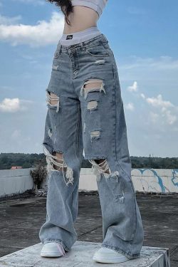 Y2K Grunge Ripped Baggy Jeans - 90s Fashion, Y2K Summer Outfits, Retro Style, Y2K Club
