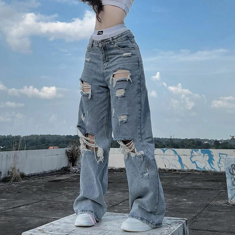 Y2K Grunge Ripped Baggy Jeans - 90s Fashion, Y2K Summer Outfits, Retro Style, Y2K Club